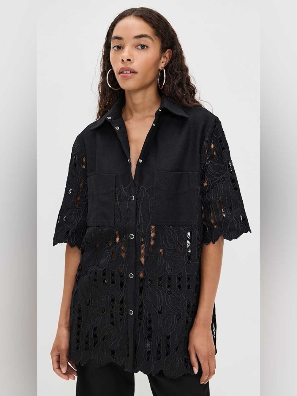 Sabina Musayev Emilio Black Lace Button Down Top Crochet Short Sleeve Boho S